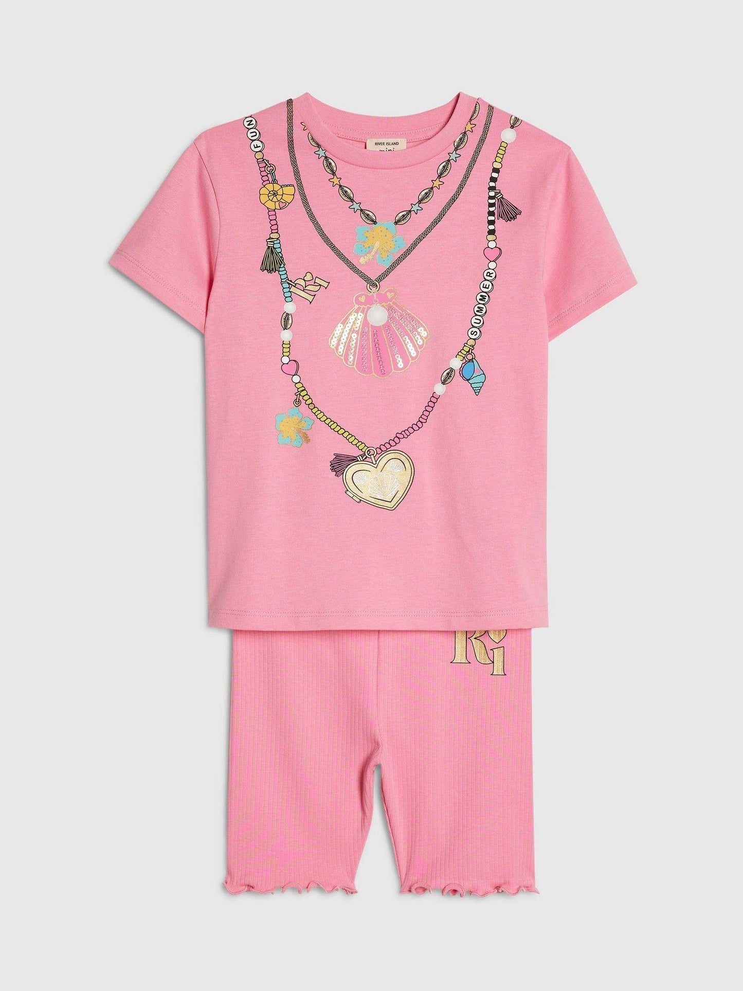Dsiney Kidz - River Island Pink Necklace T-Shirt & Cycle Shorts Set image 3