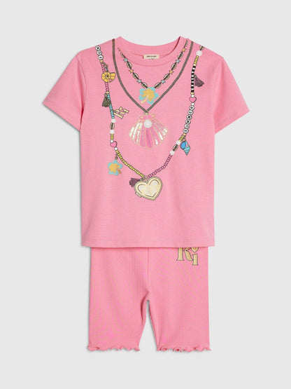 Dsiney Kidz - River Island Pink Necklace T-Shirt & Cycle Shorts Set image 3