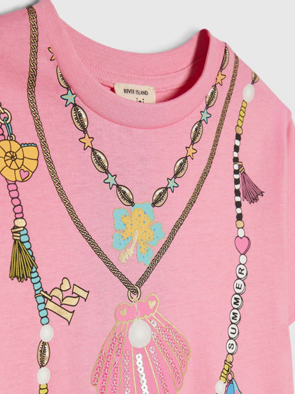 Dsiney Kidz - River Island Pink Necklace T-Shirt & Cycle Shorts Set image 5