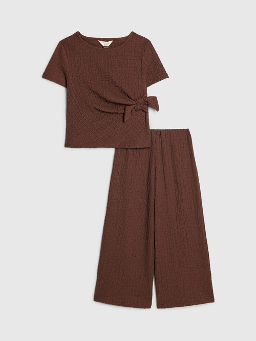 River Island Brown Textured Top & Wide Leg Trousers Set image 1
