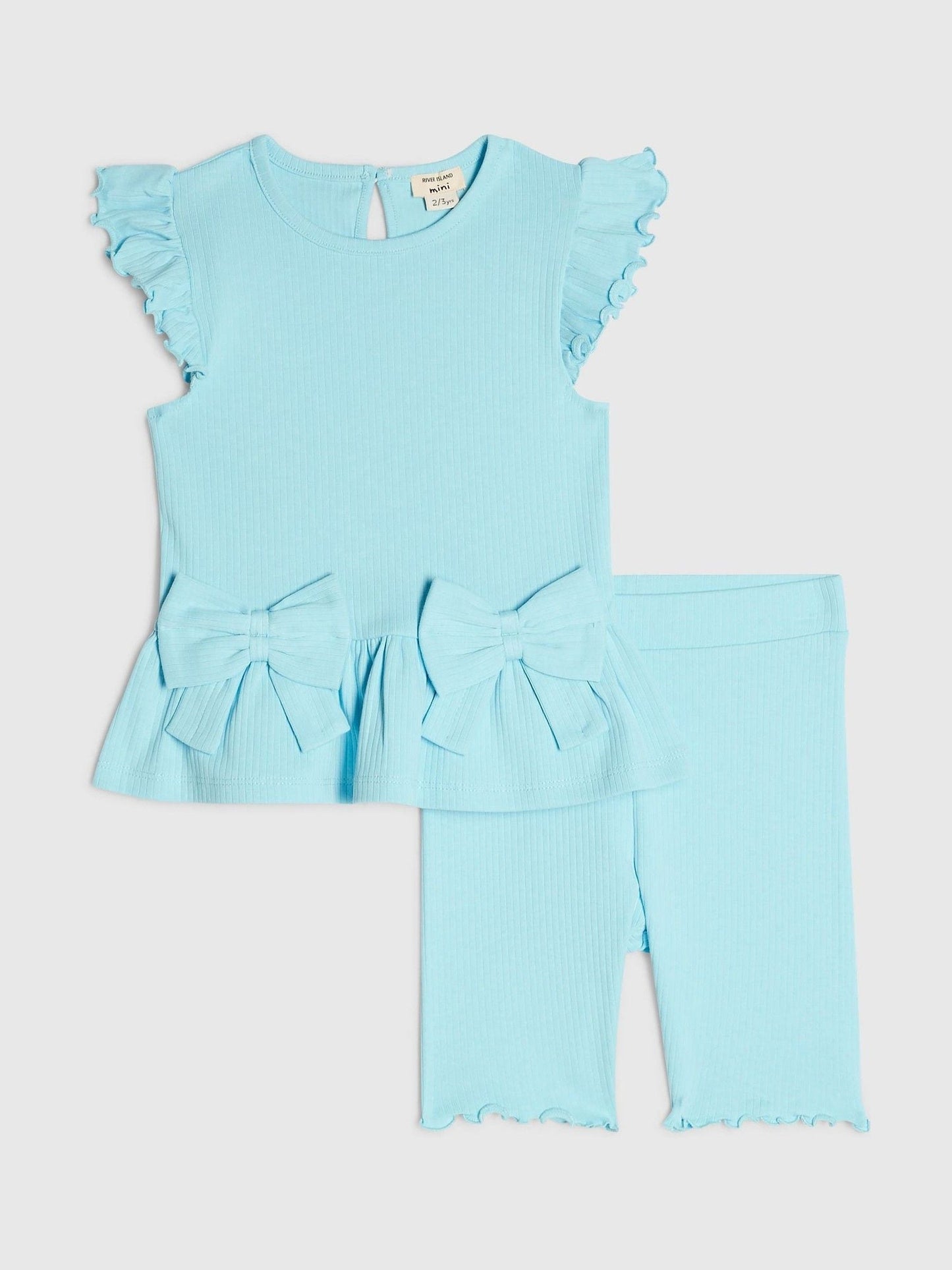 River Island Blue Peplum Bow Top & Rib Shorts Set image 1