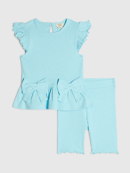 River Island Blue Peplum Bow Top & Rib Shorts Set image 1