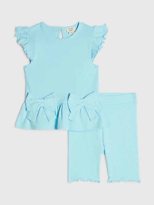 Dsiney Kidz - River Island Blue Peplum Bow Top & Rib Shorts Set image 1
