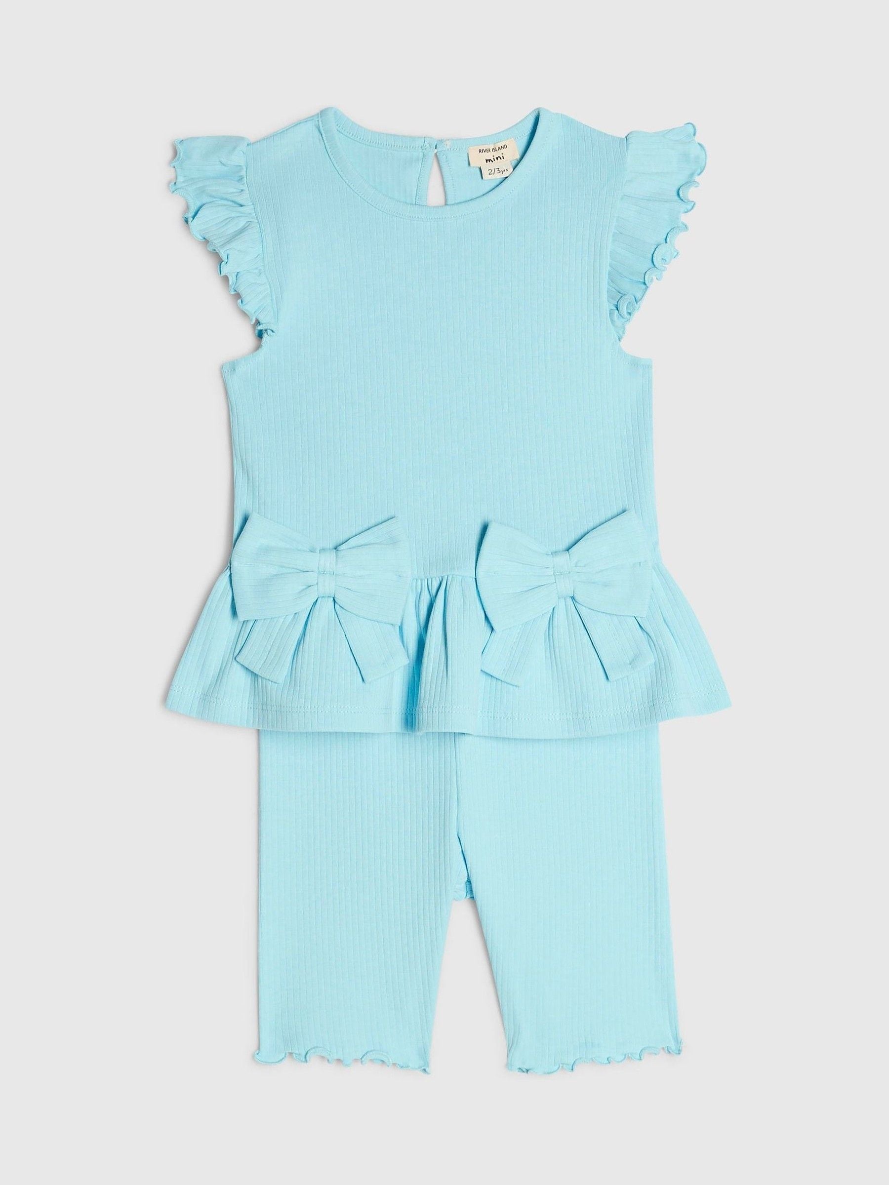 River Island Blue Peplum Bow Top & Rib Shorts Set image 3