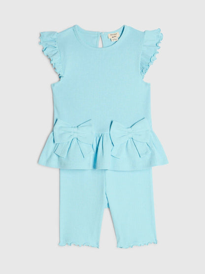 River Island Blue Peplum Bow Top & Rib Shorts Set image 3
