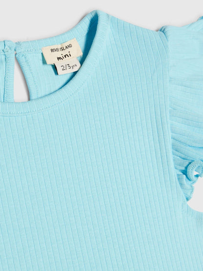 River Island Blue Peplum Bow Top & Rib Shorts Set image 4