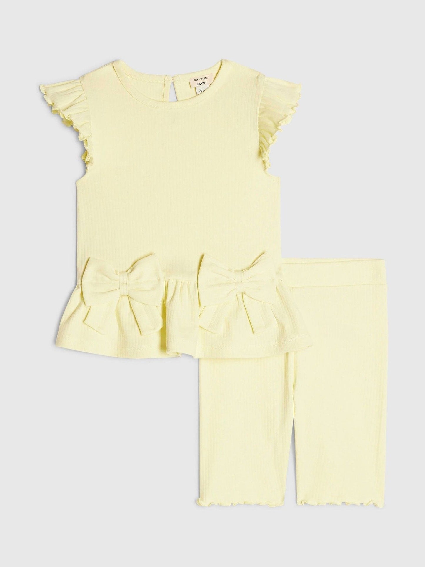 River Island Yellow Peplum Bow Top & Rib Shorts Set image 1