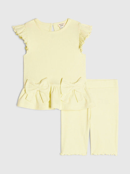 River Island Yellow Peplum Bow Top & Rib Shorts Set image 1