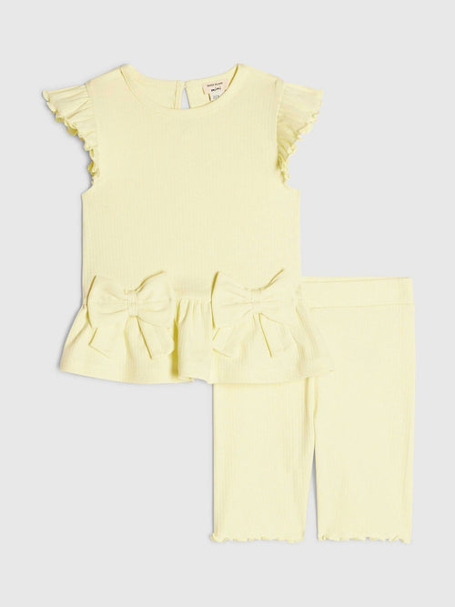 Dsiney Kidz - River Island Yellow Peplum Bow Top & Rib Shorts Set image 1