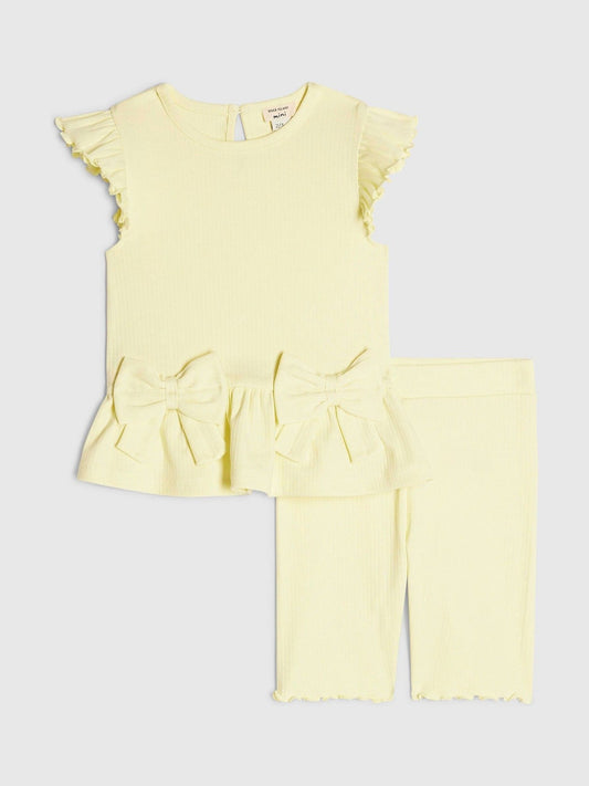 River Island Yellow Peplum Bow Top & Rib Shorts Set image 1