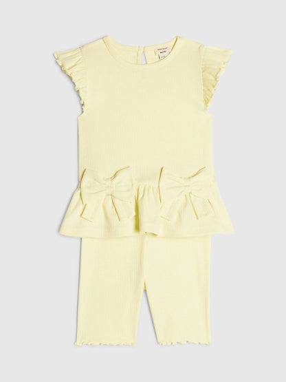 River Island Yellow Peplum Bow Top & Rib Shorts Set image 2