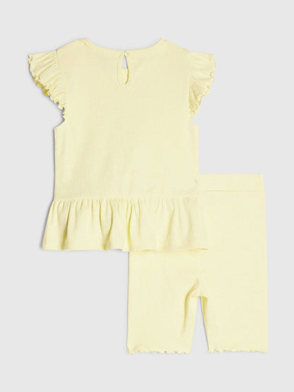 River Island Yellow Peplum Bow Top & Rib Shorts Set image 3