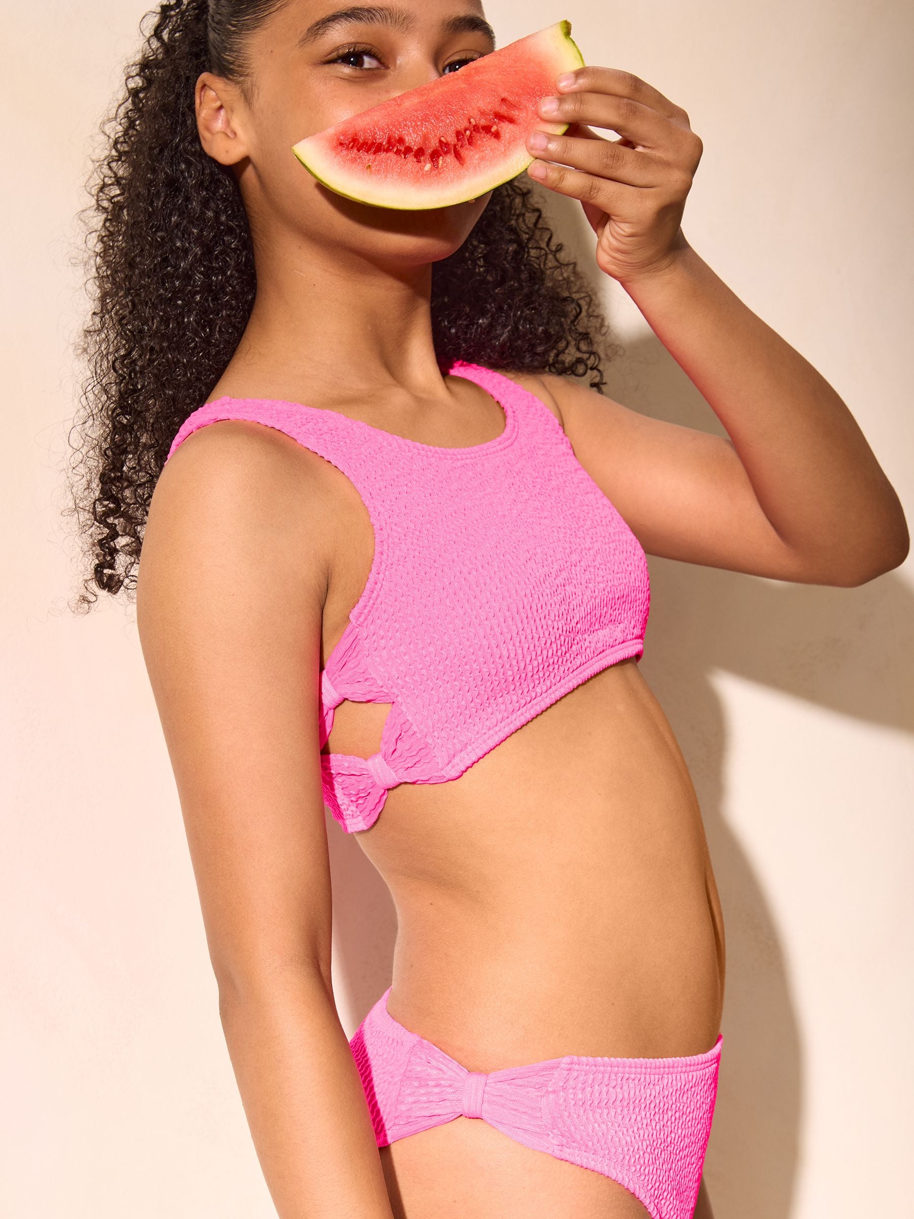 Dsiney Kidz - Lipsy Pink Bow Cut Out Scoop Neck Textured Bikini (5-16yrs) image 3