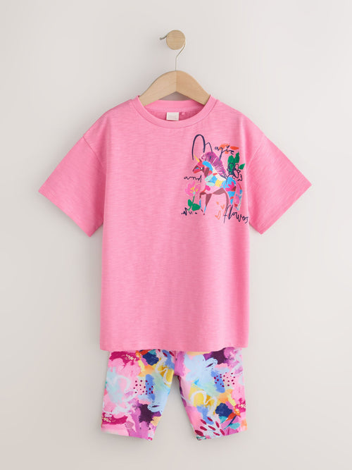 Dsiney Kidz - Pink Floral Unicorn T-Shirt and Cycle Shorts Set (3-16yrs) image 1