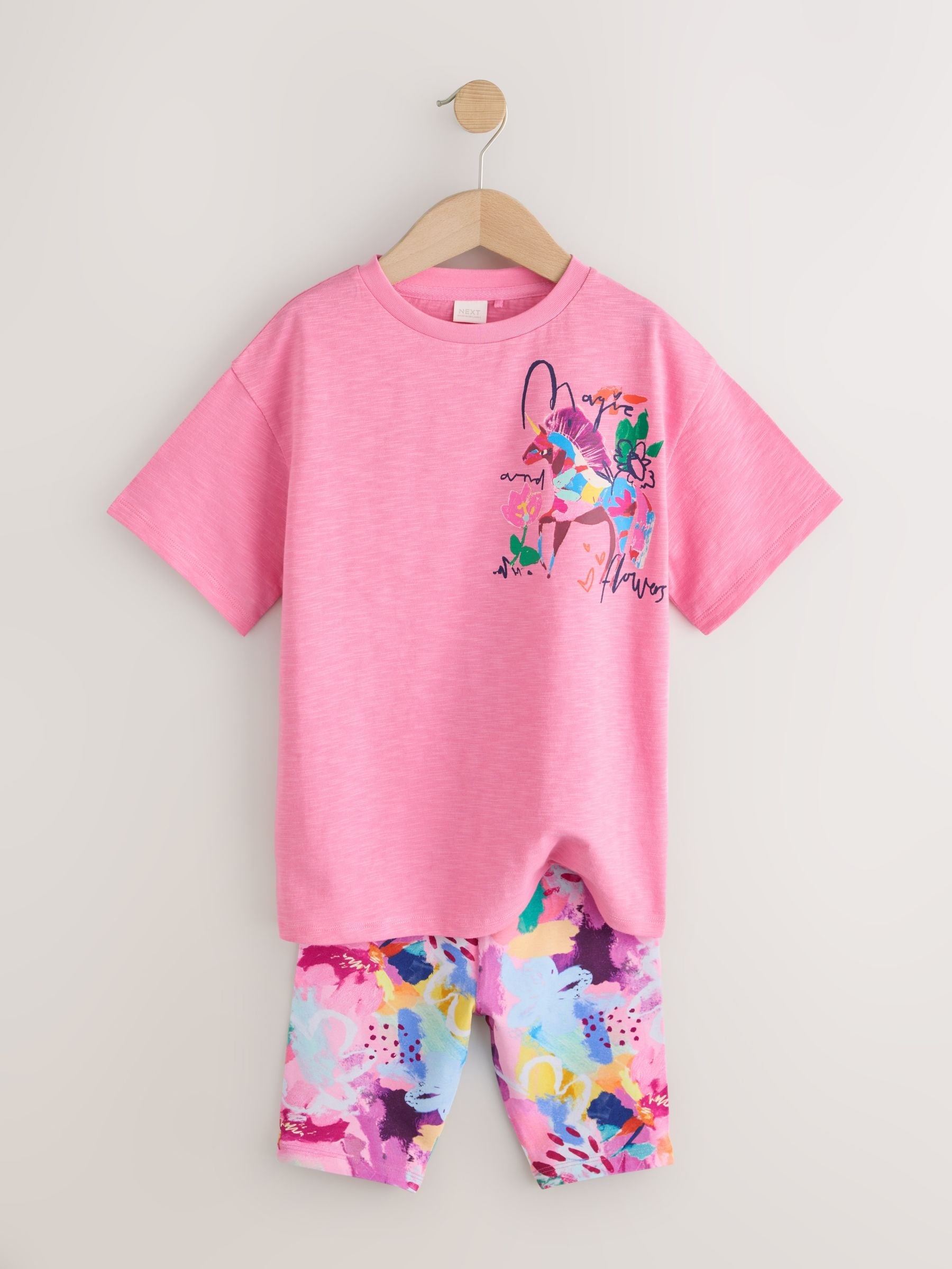 Dsiney Kidz - Pink Floral Unicorn T-Shirt and Cycle Shorts Set (3-16yrs) image 2