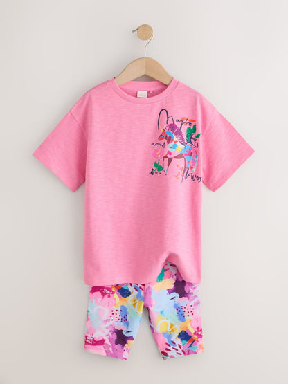 Dsiney Kidz - Pink Floral Unicorn T-Shirt and Cycle Shorts Set (3-16yrs) image 2