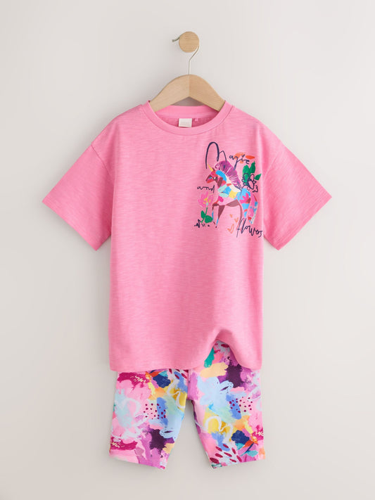 Dsiney Kidz - Pink Floral Unicorn T-Shirt and Cycle Shorts Set (3-16yrs) image 2