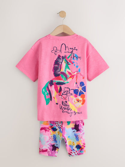 Dsiney Kidz - Pink Floral Unicorn T-Shirt and Cycle Shorts Set (3-16yrs) image 3