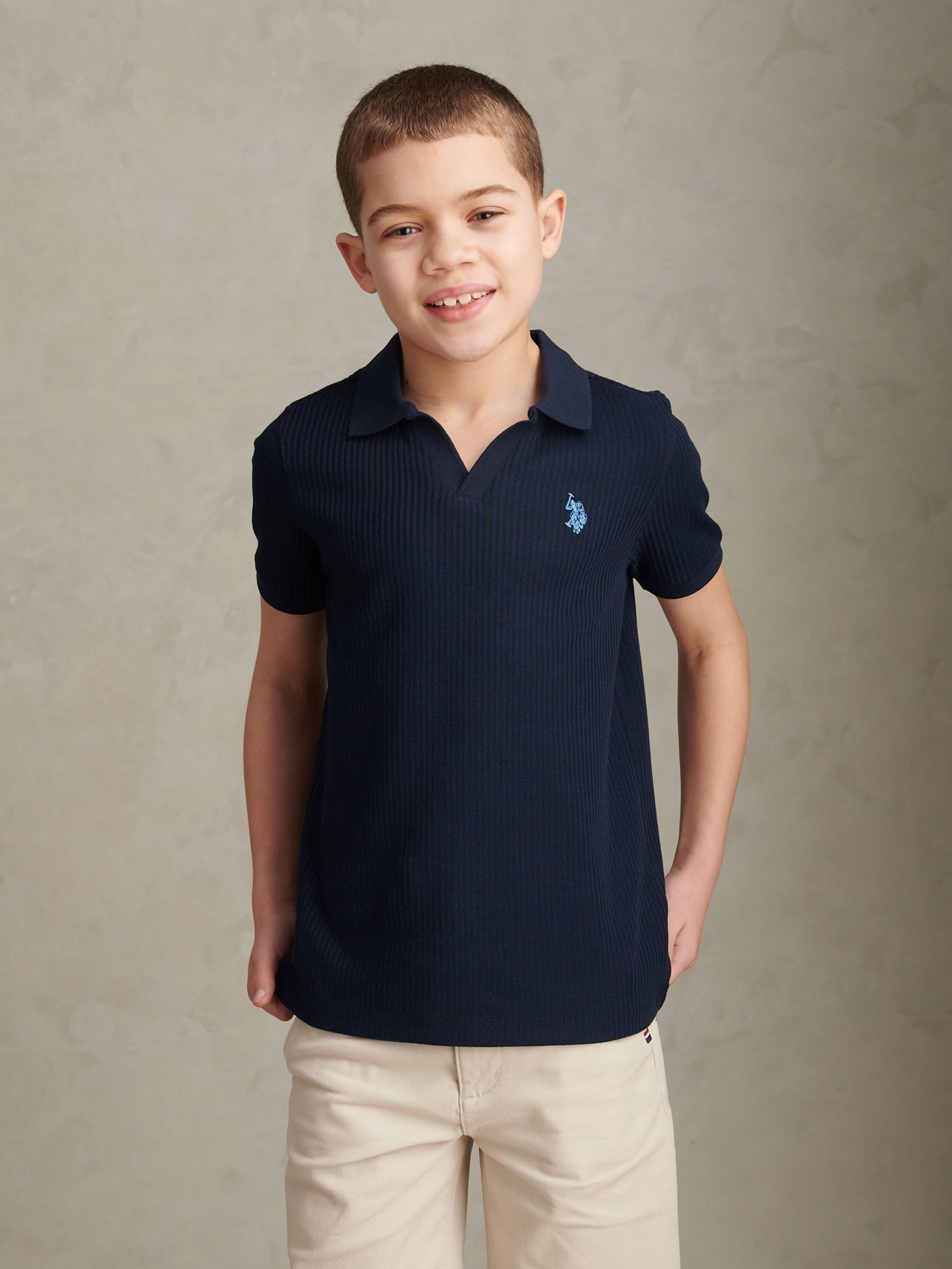 Dsiney Kidz - U.S. Polo Assn Blue Mini Vertical Texture Jersey Knit Open Collar Polo Shirt image 1