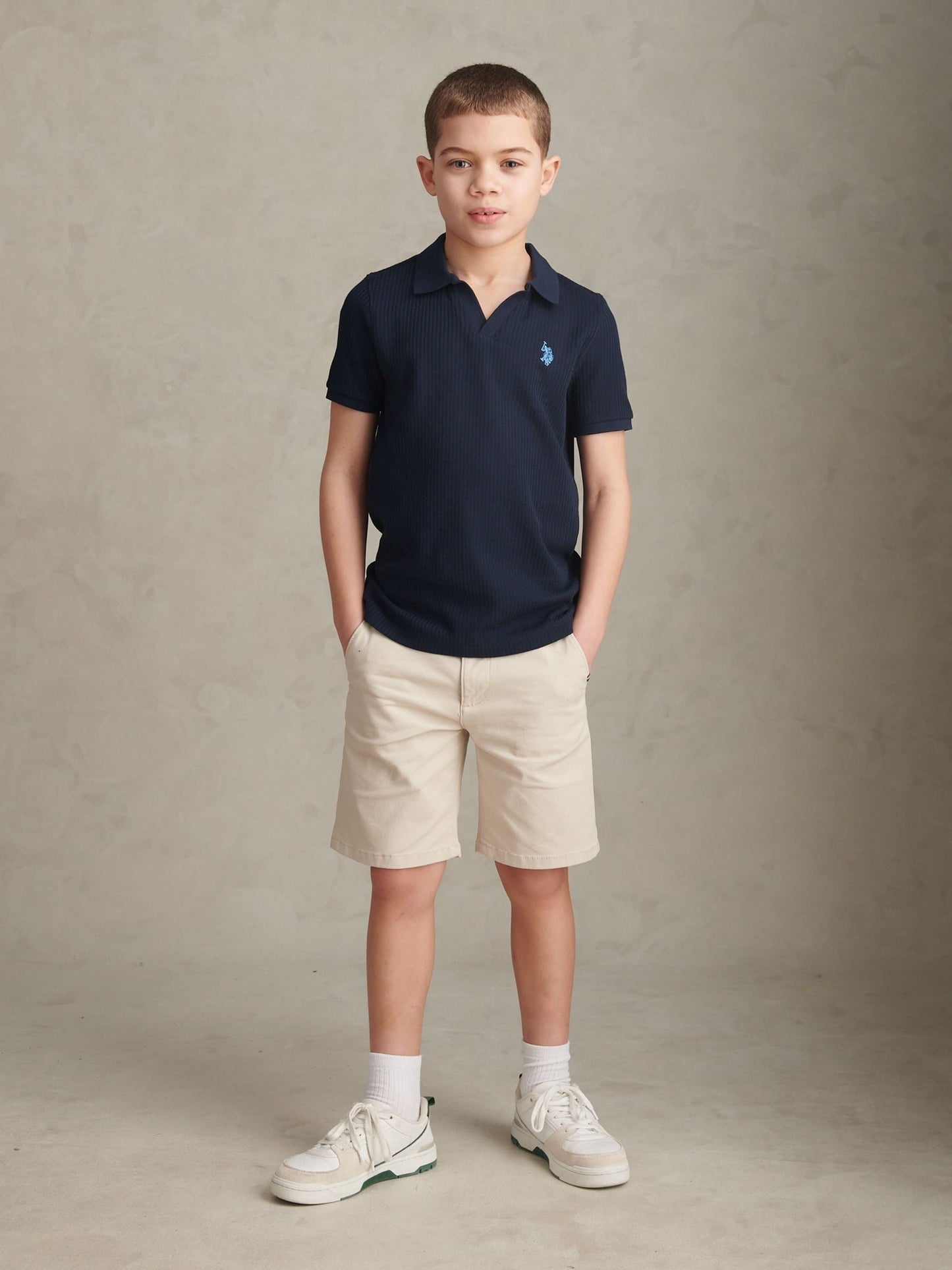 Dsiney Kidz - U.S. Polo Assn Blue Mini Vertical Texture Jersey Knit Open Collar Polo Shirt image 3