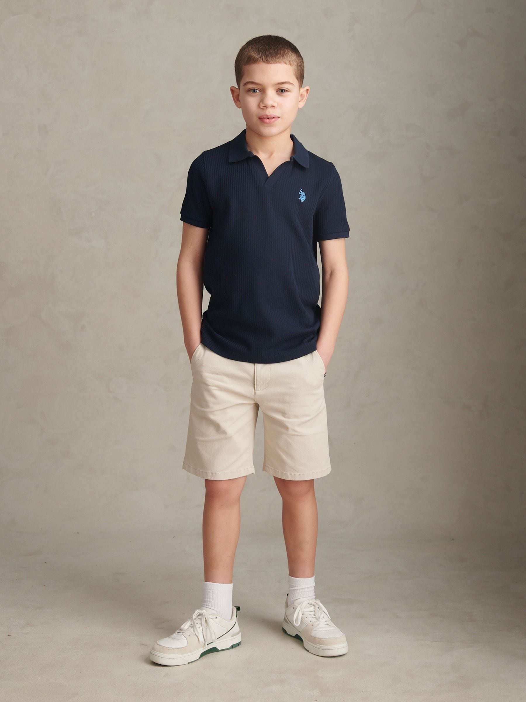 Dsiney Kidz - U.S. Polo Assn Blue Mini Vertical Texture Jersey Knit Open Collar Polo Shirt image 3