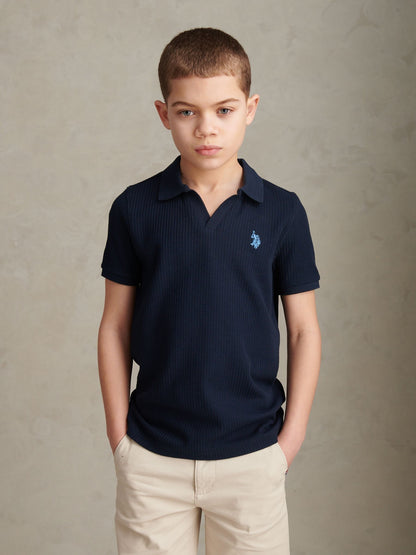 Dsiney Kidz - U.S. Polo Assn Blue Mini Vertical Texture Jersey Knit Open Collar Polo Shirt image 5