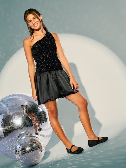 Lipsy Black Teen Sparkle One Shoulder Party Dress (10-16yrs) - image 3