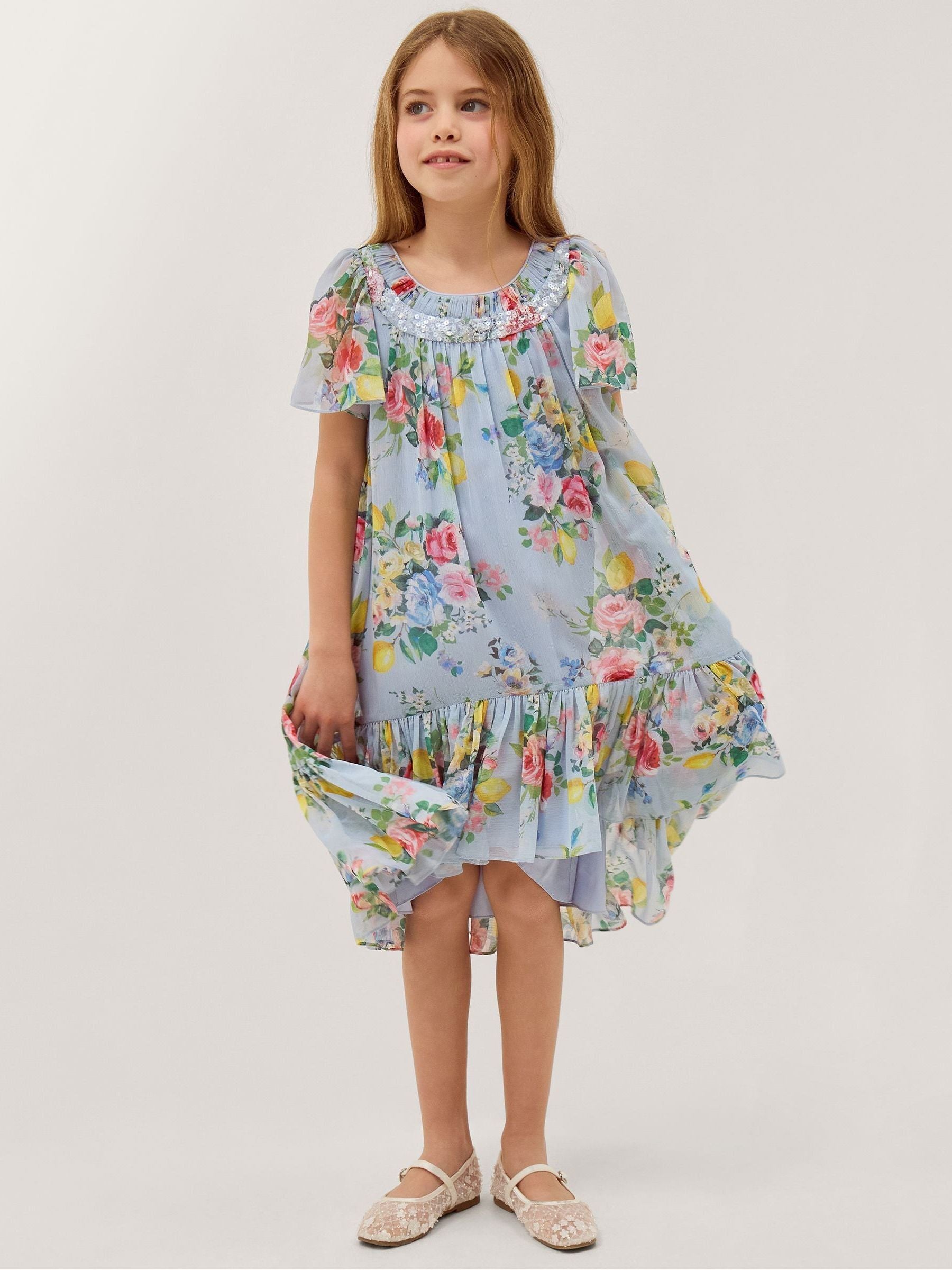 Monsoon Blue Lemon Rose Print Party Dress image 1