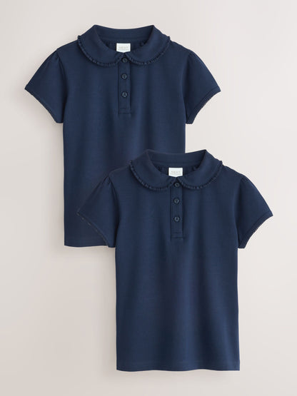 Dsiney Kidz - Navy Blue Girls Cotton Stretch Frill Collar School Polo Tops 2 Pack (3-16yrs) image 1