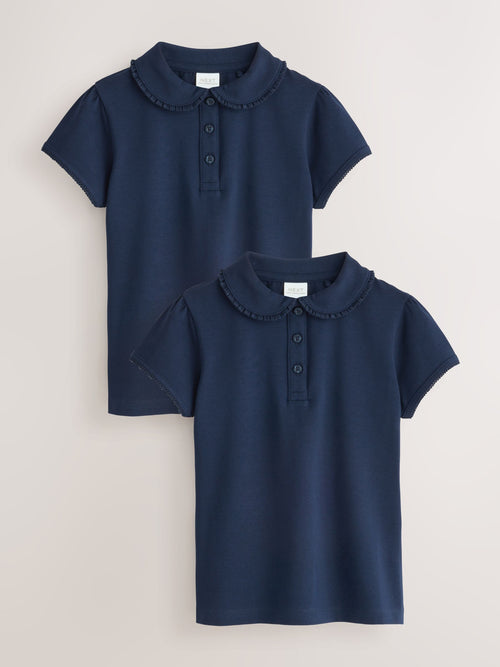 Dsiney Kidz - Navy Blue Girls Cotton Stretch Frill Collar School Polo Tops 2 Pack (3-16yrs) image 1