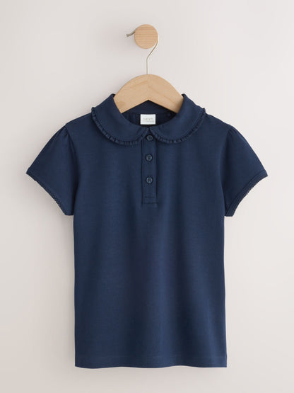 Dsiney Kidz - Navy Blue Girls Cotton Stretch Frill Collar School Polo Tops 2 Pack (3-16yrs) image 2