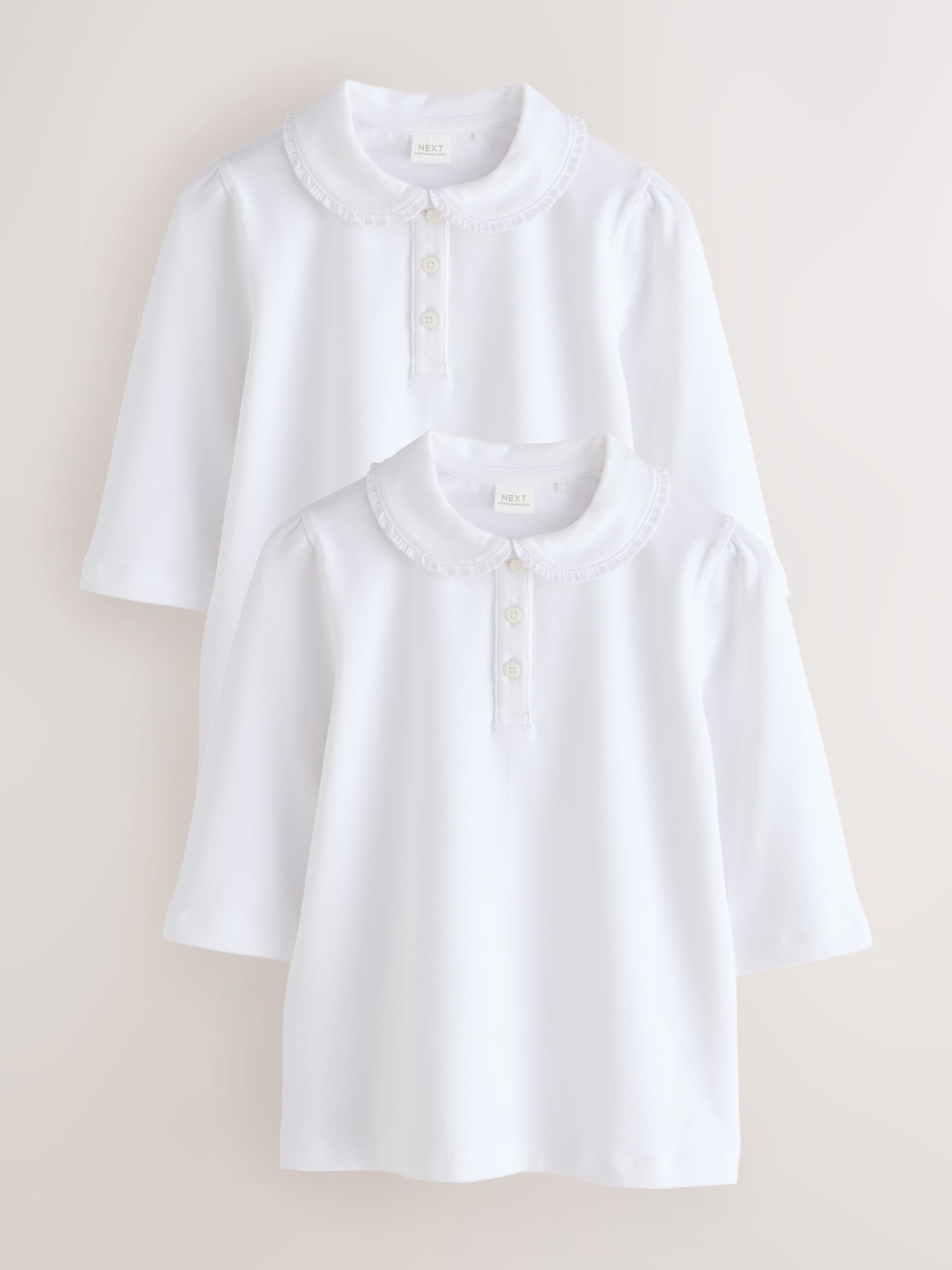Dsiney Kidz - White 2 pack Girls Cotton Stretch Three Quarter Sleeve Frill Collar School Polo Tops (3-16yrs) image 1