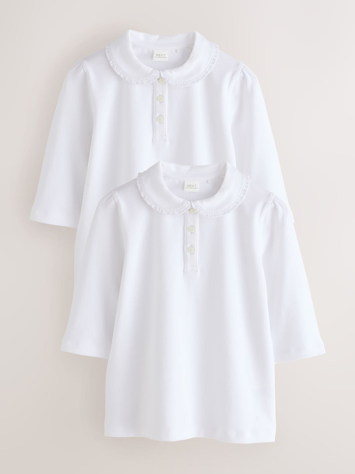 Dsiney Kidz - White 2 pack Girls Cotton Stretch Three Quarter Sleeve Frill Collar School Polo Tops (3-16yrs) image 1