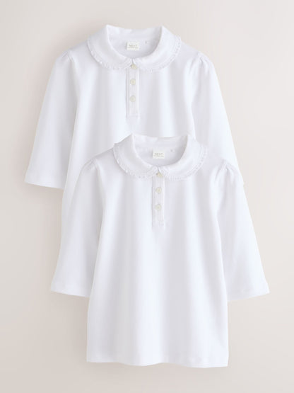 Dsiney Kidz - White 2 pack Girls Cotton Stretch Three Quarter Sleeve Frill Collar School Polo Tops (3-16yrs) image 1