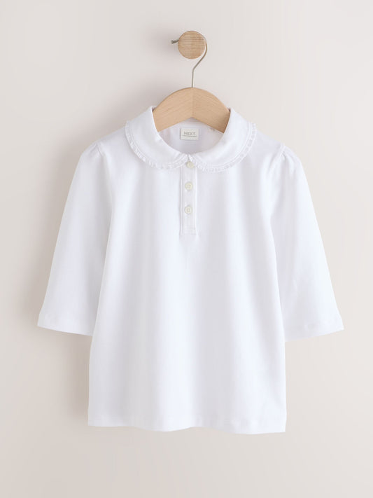 Dsiney Kidz - White 2 pack Girls Cotton Stretch Three Quarter Sleeve Frill Collar School Polo Tops (3-16yrs) image 2