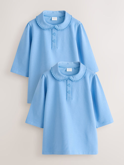 Dsiney Kidz - Blue 2 pack Girls Cotton Stretch Three Quarter Sleeve Frill Collar School Polo Tops (3-16yrs) image 1