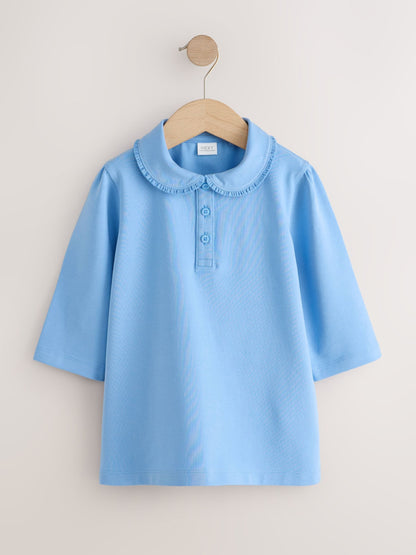 Dsiney Kidz - Blue 2 pack Girls Cotton Stretch Three Quarter Sleeve Frill Collar School Polo Tops (3-16yrs) image 2