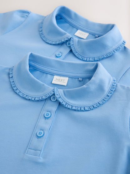 Dsiney Kidz - Blue 2 pack Girls Cotton Stretch Three Quarter Sleeve Frill Collar School Polo Tops (3-16yrs) image 6
