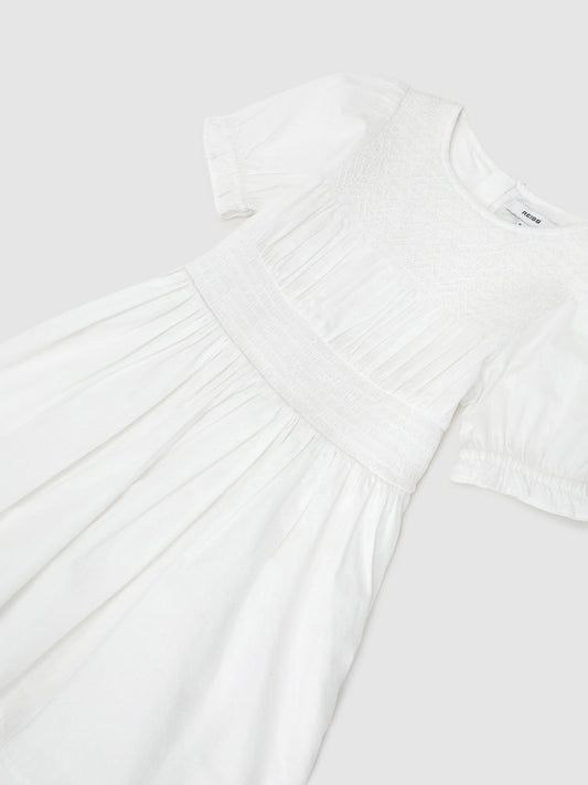 Reiss White Amber 13-14 yrs Cotton Shirred Puff-Sleeve Dress image 1