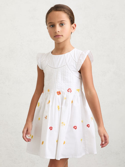 Reiss White Susie 3-9 yrs Cotton Embroidered Pintuck Dress image 1