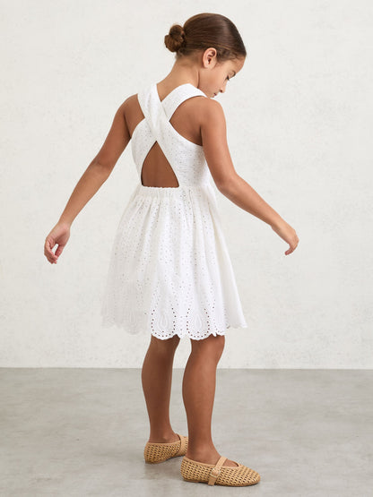 Reiss White Malia 3-9 yrs Cotton Broderie Cross-Back Dress image 1