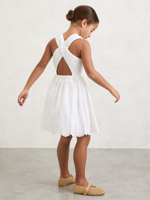 Reiss White Malia 3-9 yrs Cotton Broderie Cross-Back Dress image 1