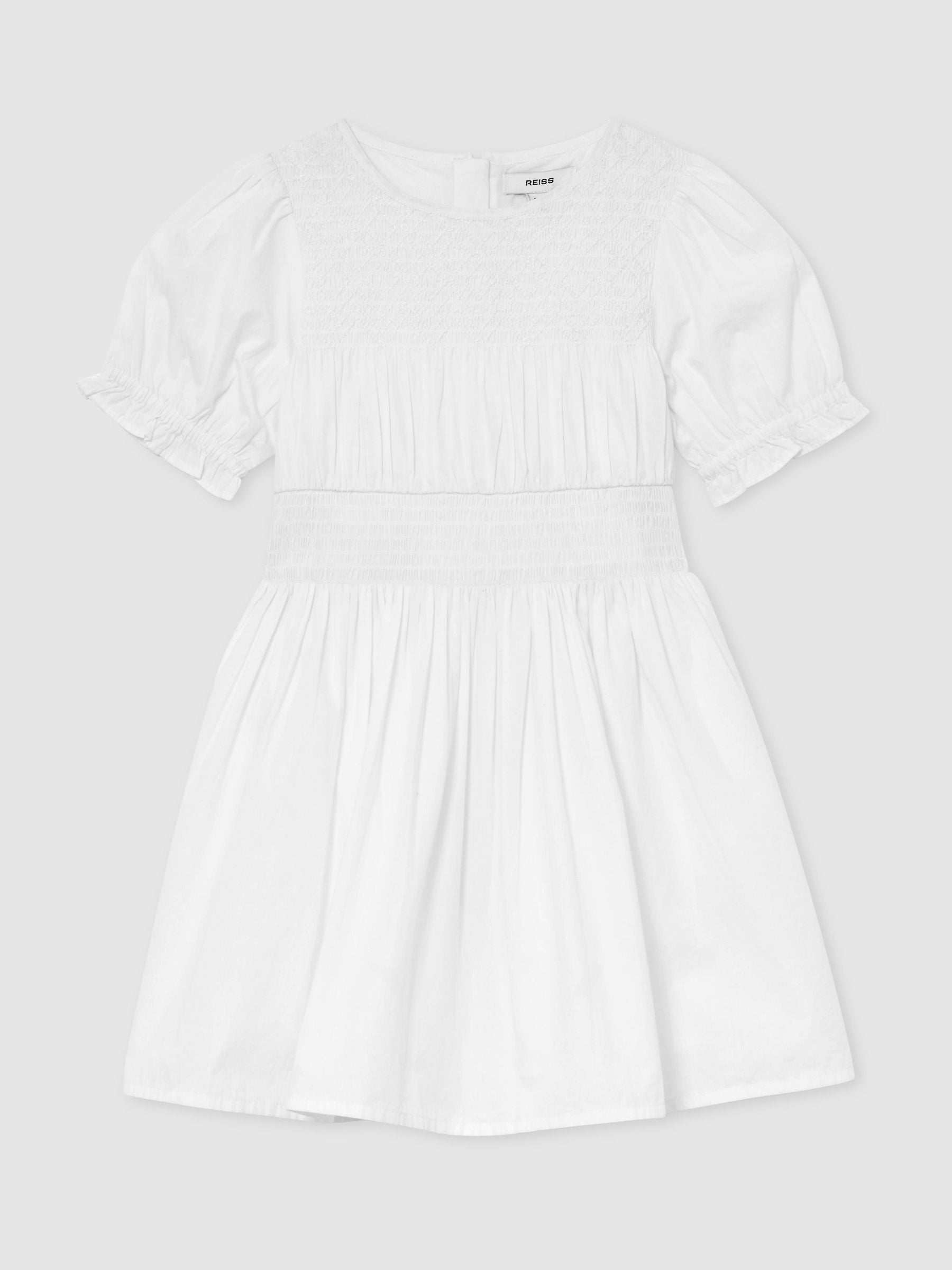 Reiss White Amber 9-13 yrs Cotton Shirred Puff-Sleeve Dress image 2