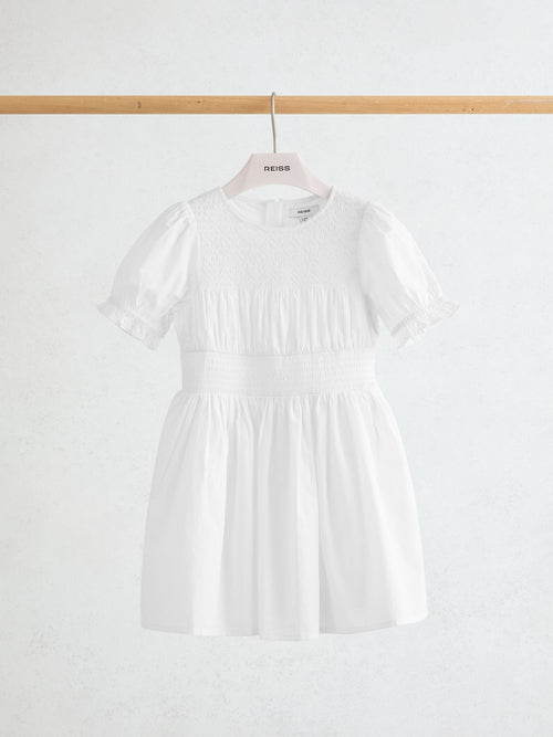 Reiss White Amber 9-13 yrs Cotton Shirred Puff-Sleeve Dress image 1