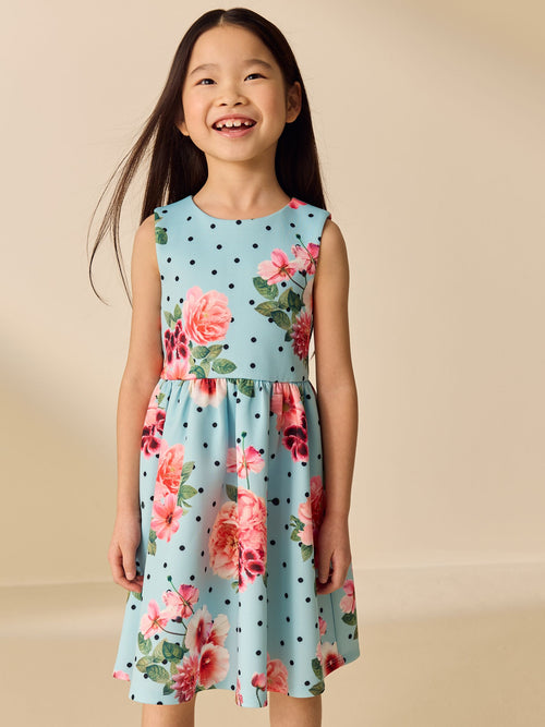 Blue Floral Spot Scuba Occasion Dress (3-16yrs) image 1