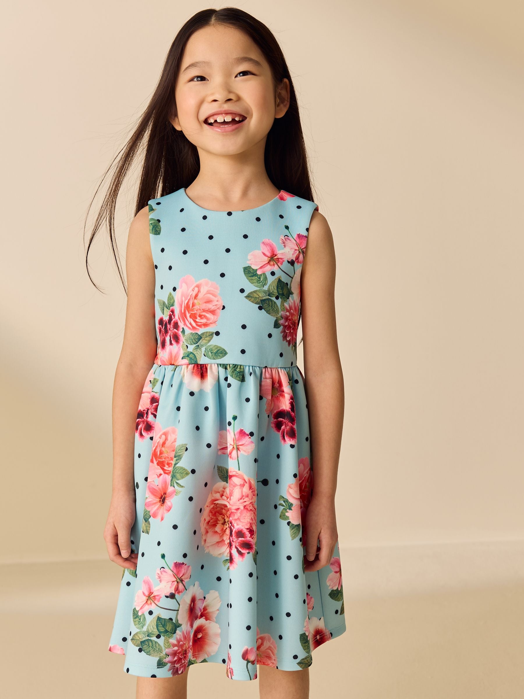 Blue Floral Spot Scuba Occasion Dress (3-16yrs) image 1