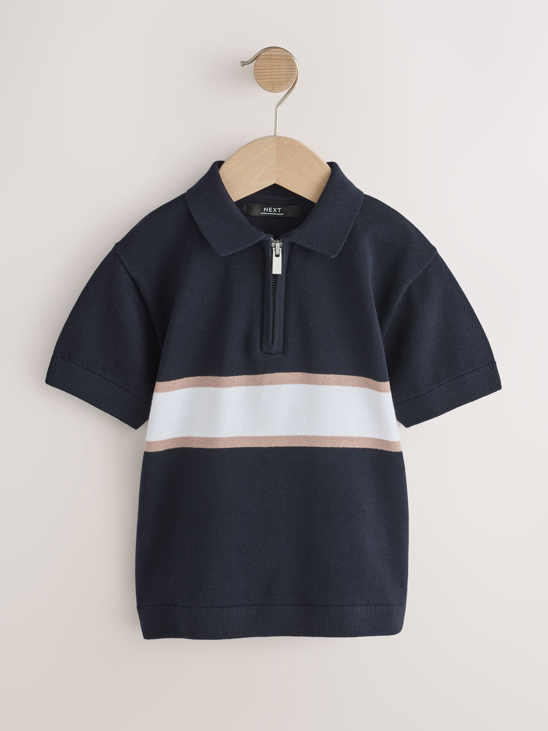 Dsiney Kidz - Navy Blue Colour Block Knitted Zip Neck Polo Shirt (3-16yrs) image 1