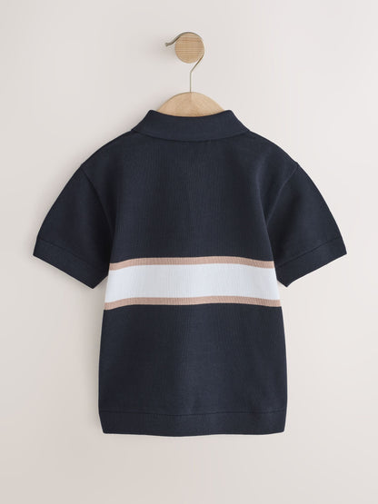 Dsiney Kidz - Navy Blue Colour Block Knitted Zip Neck Polo Shirt (3-16yrs) image 2