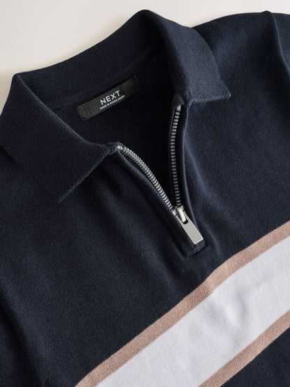 Dsiney Kidz - Navy Blue Colour Block Knitted Zip Neck Polo Shirt (3-16yrs) image 3