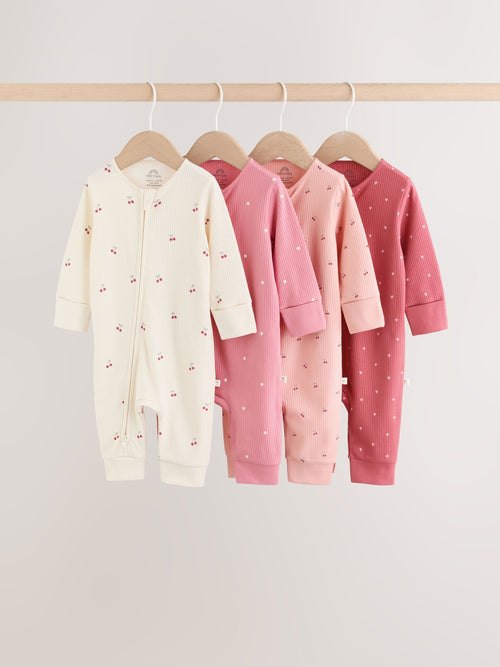 Pink Cherry Print Two Way Zip Baby Sleepsuits 4 Pack (0-3yrs) image 1